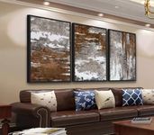 Large Framed Canvas Wall Art - Rustic Brown and White Abstract Pictures for Living Room Aesthetic Vintage Wall Decor Retro Prints for Bedroom Dinning Room Black Float Framed 40cm X 60cm X 3 Pcs