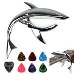 Guitar Capo Silver Shark, Durable Zinc Alloy Shark Shape Capo Includes 6 Picks and Flannel Storage Bag Stylish Acoustic Electric Guitars Capos for Guitarists Ukulele Banjo Bass Mandolin Players