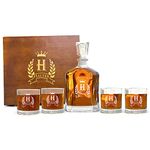 Customized Whiskey Decanter Set - Monogrammed Gifts- Decanter and 4 Glasses Gift Set - Custom Engraved Monogrammed with Shield Crown Design - Wedding Gift