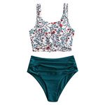 ZAFUL Women's Scoop Neck Tropical Leaf Knotted Two Pieces Tankini Set Swimsuit, D-peacock Blue, Small