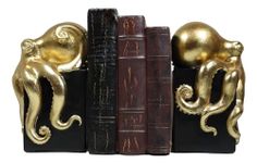 Ebros Contemporary Gold Color Octopus Light Duty Bookends Statue Set Nautical Coastal Resin Decorative Office Study-Room Library Desktop Decor Figurines (Black Base)