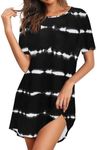 Ekouaer Sleepshirt for Women Short Sleeve Pajama Dress Crew Neck Nightdress Casual Sleepwear Black Stripe Large