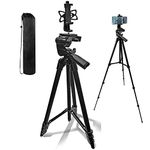 NUNET 60" Camera Tripod w. Pan Head Handle & Bubble Level Extendable Travel Tripod for iPhone Mount w. Adjustable Phone Holder for Video Recording Music Stand Projector Tripod