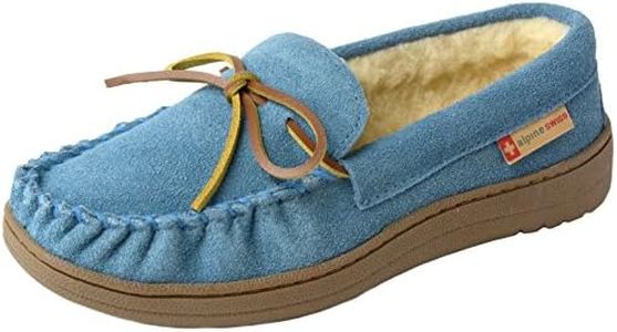 Alpine Swiss Sabine Womens Moccasin Slippers Genuine Suede House Shoe Memory Foam Insole Plush Faux Shearling Fur Indoor Outdoor Anti-Slip Rubber Sole BLU 6