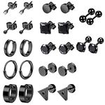 12 Pairs Black Earrings Studs, Stainless Steel CZ Screw Studs Cartilage Earrings Hoops Barbell Ear Plugs Ear Piercing Triangle Screw Studs Earrings Endless Round Huggie Hoop Men's Earrings