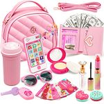 Kids Pretend Play Little Girl Purse Accessories, Toddler Girl Princess Toy Cell Phone Pretend Makeup Handbag Wallet Sunglasses Keys Credit Card Water Bottle Birthday Gifts Toys Age 4 5 6 7 8