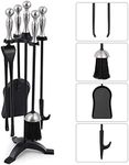 Amagabeli 5 Pieces Fireplace Tools Sets Silver Handles Wrought Iron Fire Place Tool Set Iron Log Holder Fire Pit Stand Fire Tongs Shovel Chimney Poker