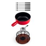 Swissmar Ticino Cast Iron Fondue Set with Enameled Interior, 2L / 2 QT – 9-Piece Cheese & Chocolate Fondue Pot with Forks, Burner & Beechwood Base – Perfect for Family Gatherings & Gift Giving – Red