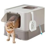 FEANDREA Cat Litter Box with Lid, Covered Litter Box with Top Entry, Slide-Out Tray, Scoop, Brush, for Large Cat, Max. Load 33 lb, Anti-Tracking, Anti-Leaking, Oatmeal and Warm Gray PPT001G01