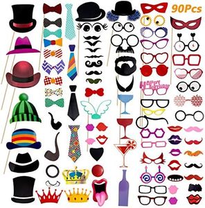 90 Pcs Photo Booth Props, Comius Accessori fai da te colorati occhiali baffi labbra farfallino cappelli su bastoni per matrimonio partito Natale compleanno