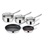 Tefal Jamie Oliver Cook's Direct, 5 Pieces Non-Stick Stainless Steel Pots & Pans Set, 16&18&20cm Saucepans with lids, 20&28 cm Frying Pans, Induction Hob Compatible, E304S544