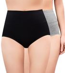 PLUMBURY Women High Waist Cotton Underwear Full Brief Panty, Size M to XXL (Pack of 2 Panty) Grey/Black