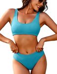 AI'MAGE Women Ribbed Bikini Sets Sporty Swimsuits Scoop Neck Two Piece Bathing Suits High Cut Bikini Light Blue