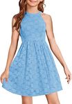 HOSIKA Girls Halter Neck Sleeveless Elegant Floral Lace A-line Flared Swing Party Dress for 6-12 Years Kid, Light Blue, 12 Years