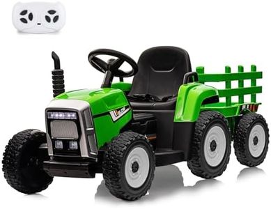 Nasitip 12V Battery Powered Electric Tractor with Trailer, Toddler Ride On Car w/Remote Control/ 7-LED Headlights/ 2+1 Gear Shift/ MP3 Player/USB Port for Kids 3-6 Years (Green, 35W/ EVA Tire)