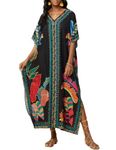 Bsubseach Kaftan Cover Ups for Swimwear Women Plus Size Caftan Dress Beach Coverup Summer Loungewear Ethnic Graffiti Leaves