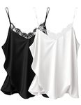 Ekouaer Women's 2 PCS Silk Satin Tank Top Lace Cami Spaghetti Strap Top V Neck Camisoles Black & White M