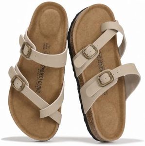 Project Cloud 100% Genuine Leather Womens Sandals - Cork Footbed Slides For Women - Comfortable Sandals Women with Memory Foam Beach Essential Summer Sandals For Women 2025 (Lian, Beige, 6.5)