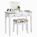 COSTWAY Dressing Table and Stool Set with Flip Top Mirror and 3 Storage Drawers, Wooden Makeup Vanity Table Set, Home Bedroom Cosmetics Dresser Furniture Gift for Girls Women, White