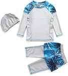 FYMNSI Girls Kids Muslim Swimwear Islamic Swimsuit Swimsuit Long Sleeve Top with Short Pants Swimming Cap Set, Gray, 7-8 Years