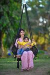 Curio Centre Make in India Round Premium Swing with Polyester Ropes & Mild Steel Frame for Adults & Kids/Indoor Outdoor Hanging Swing Chair with Cushion & Accessories (73 x 81 x 149 cm, Black)