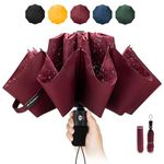 Chakipee Travel Windproof Strong Compact Umbrella - 10 Ribs Red Portable Umbrella for Men and Women - Inverted Folding Automatic Umbrellas for Wind and Rain, 210T Teflon Coating 105cm Span