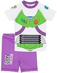 Disney Pixar Toy Story Buzz Lightyear Swimsuit for Boys | Purple Green Rescue Two-Piece Top Shorts Bathing Suit Swim Set | Kids Space Ranger Swimwear