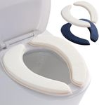 Soft Thicker Flannel Bathroom Toilet Seat Cover, 2 Pack Non Slip Warmer Comfortable Seat Cushions with Memory Foam, Easy Install with Self-Adhesive Tape, Reusable Toilet Lid Cover (Off-White,Navy)