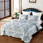 Oversized King Size Blue Floral Plaid Patchwork Quilt Set 128x120 Extra Wide Super King Size Rversible Quilted Bedspread Coverlet Set 3-Piece Comforter Bedding Set Bed Cover with 2 Pillow Shams