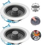 Kitchen Sink Drain Strainer 2 Pack, 3 in 1 Pop-up Stainless Steel Sink Stopper, Large Capacity Anti Clogging Basket Sink Filter with Handle Rod for American Standard 3-1/2 inch Drain Pipes Strainer