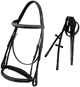 Exion Comfort Lined Crown Piece Designer Fancy Stitched Square Raised Browband and Both Side Adjustable Buckle Noseband Jumping Bridle with Rubber Reins | Royal Hunter Bridle |Horse English Bridle