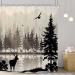 Riyidecor Misty Shower Curtain 72Wx72H Inch Rustic Foggy Mountain Landscape Deer Tree Black Woodland Lake Scenery Farmhouse Nature Mens Bathroom Decor Fabric Polyester Waterproof 12 Pack Hooks