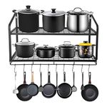 Amtiw Hanging Pot Rack, 2 Tier Pan Rack, Wall Mounted Pot Holders for Kitchen Storage, Pot and Pan Organizer with 10 Hooks, Ideal for Pans Set, Utensils, Cookware, Household