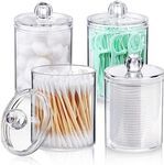 TAVVKE 4 Pack Qtip Holder Dispenser for Cotton Ball, Swab, Pads, Floss - Clear Plastic Apothecary Jar Set for Bathroom Storage and Makeup Organization