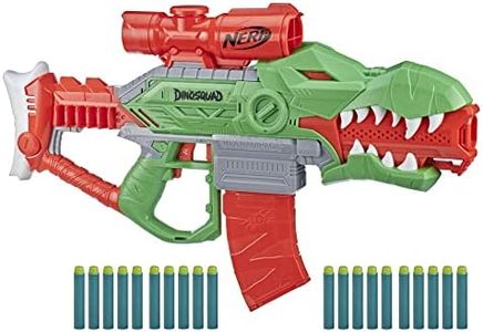 NERF - DinoSquad - Rex-Rampage Dart Blaster - US Version - Motorized - T-Rex Dinosaur Design - 10-Dart Clip - 20 Official Nerf Darts - 10-Dart Storage - Toys for Kids - F0807 -Ages 8+