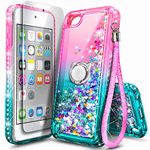 NGB iPod Touch 7 Case, iPod Touch 6/5 Case with HD Screen Protector and Ring Holder for Girls Women Kids, Glitter Liquid Soft TPU Clear Cute Case for Apple iPod Touch 7th/6th/5th Generation -Pink/Aqua