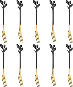 Dessert Fork with Leaf Handle, 10 Pcs 4.7"Appetizer Fork,Creative Black & Gold Fruit Fork, Premium Food Grade Stainless Steel,Mirror Finish & Dishwasher Safe (Black gold-10Fork)