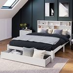 Kayan Bed with Shelves, White Wooden Storage Bed, Underbed Drawer - 4ft6 Double (135 x 190 cm)