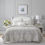 Laura Ashley Rowland Collection Quilt Set-100% Cotton, Reversible, All Season Bedding with Matching Sham(s), Pre-Washed for Added Comfort, Queen, Gray