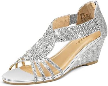 PIZZ ANNU Women's Diana Low Wedge Sandals Sparkly Rhinestone Open Toe Fashion Dress Shoes for Woman Lady in Bridal Dance Evening, Silver, 6