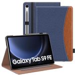 MoKo Case for Samsung Galaxy Tab S9 FE 10.9-Inch 2023 (SM-X510/SM-X516/SM-X518), PU Leather Multi-Angle Viewing Stand Cover Case with Pencil Holder, Front Pocket, Auto Wake/Sleep, Denim Blue & Brown