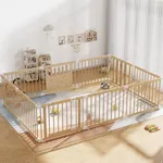 Wooden Baby Playpen with Child Safety Lock, Extra Large Play Yard for Babies and Toddlers, Indoor Play Pen for Kids Activity Center, Portable Natural Wood Fence, Expandable, Suction Cups, 10 Panels