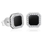 KRKC&CO Black Stud Earrings for Men, Square Onyx Silver Mens Earrings Hypoallergenic S925, Micro Pave 5A CZ Stones, Hip Hop Street-wear Rapper Earring for Men and Women (Black Onyx-Square)