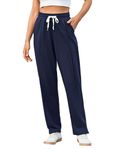 Crewhpo Women's Joggers Cotton Tracksuit Bottoms Straight Leg Sweatpants Lounge Pants Sports Trousers with Pockets Drawstring Blue