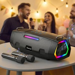 Pemacom Portable Bluetooth Karaoke Machine - 60W Powerful Speaker with 2 Wireless Microphones, RGB Lights, Lightweight with Shoulder Strap, Perfect for Adults & Kids, Home & Outdoor Party