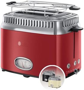 Russell Hobbs Toaster [für 2 Scheiben] Retro Edelstahl Rot (Countdown-Anzeige im Retrodesign, inkl. Brötchenaufsatz, 6 Bräunungsstufen + Auftau- & Aufwärmfunktion, 1300W) Vintage 21680-56