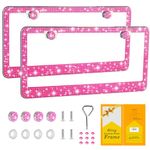 FIISFIIS Bling License Plate Frame for Women,2 Pack Premium Stainless Steel Rhinestone Car License Plate Holder,Handmade Glitter Crystal Diamond Lincense Plate Cover,Bedazzled Sparkly Caps-Pink