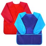 2 Pack Kids Art Aprons, Kids Art Smock with Long Sleeve and 3 Pockets Waterproof Artist Painting Aprons for Painting Cooking Eating Arts & Crafts Childs Paint Apron for Children Ages 3-8 Blue+Red