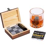 iiiMY Whisky Stones Gift Set of 9 Natural Soapstone and Granite Chilling Rocks with Stylish Wooden Box and Free Velvet Pouch - Christmas, Birthday, Fathers Day Gift for Men