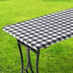 BOUBONI 1 Piece Picnic Table Cover with Elastic Vinyl Camping Tablecloth Flannel Backing Picnic Table Cloths for 6 Foot Tables Indoor Outdoor (72x30 inch, Black Checked)